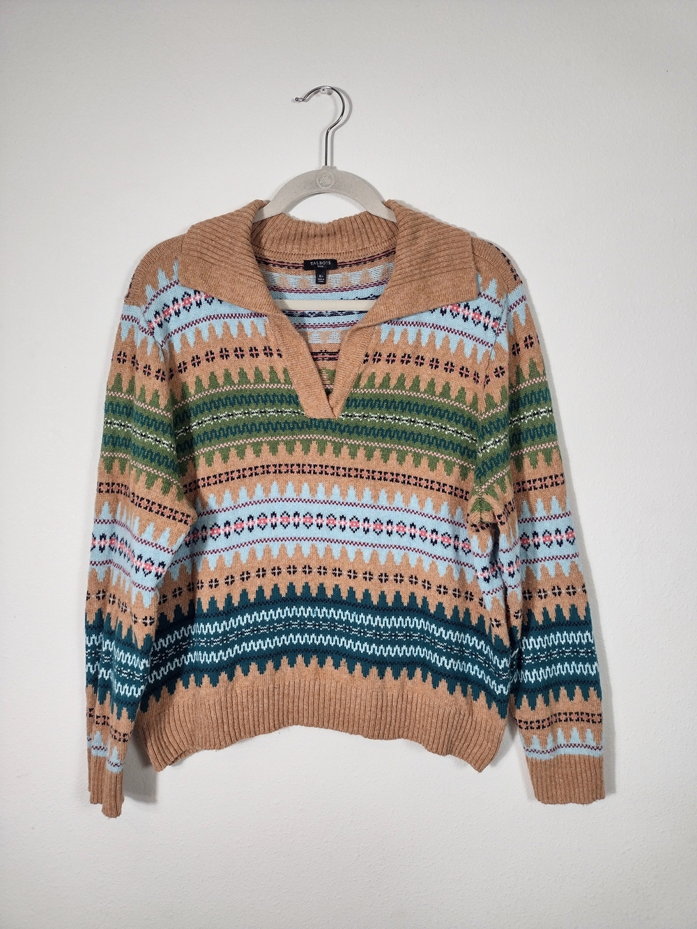 Talbots Johnny Collar Autumn Fair Isle Sweater Tan Green Blue XLP